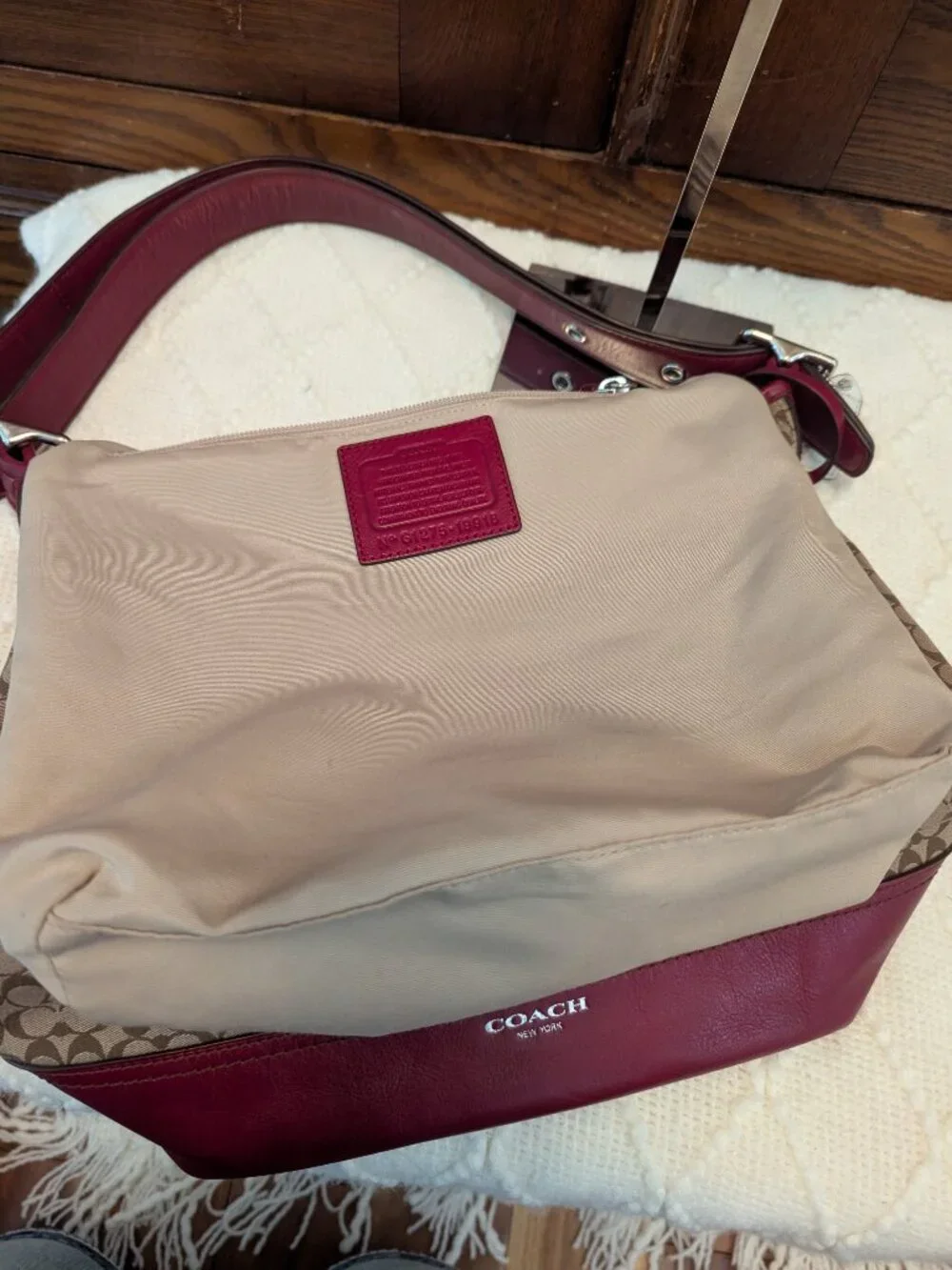 Coach Legacy Signature Stripe Canvas Leather Trim Hobo Shoulder Bag Khaki/ Red